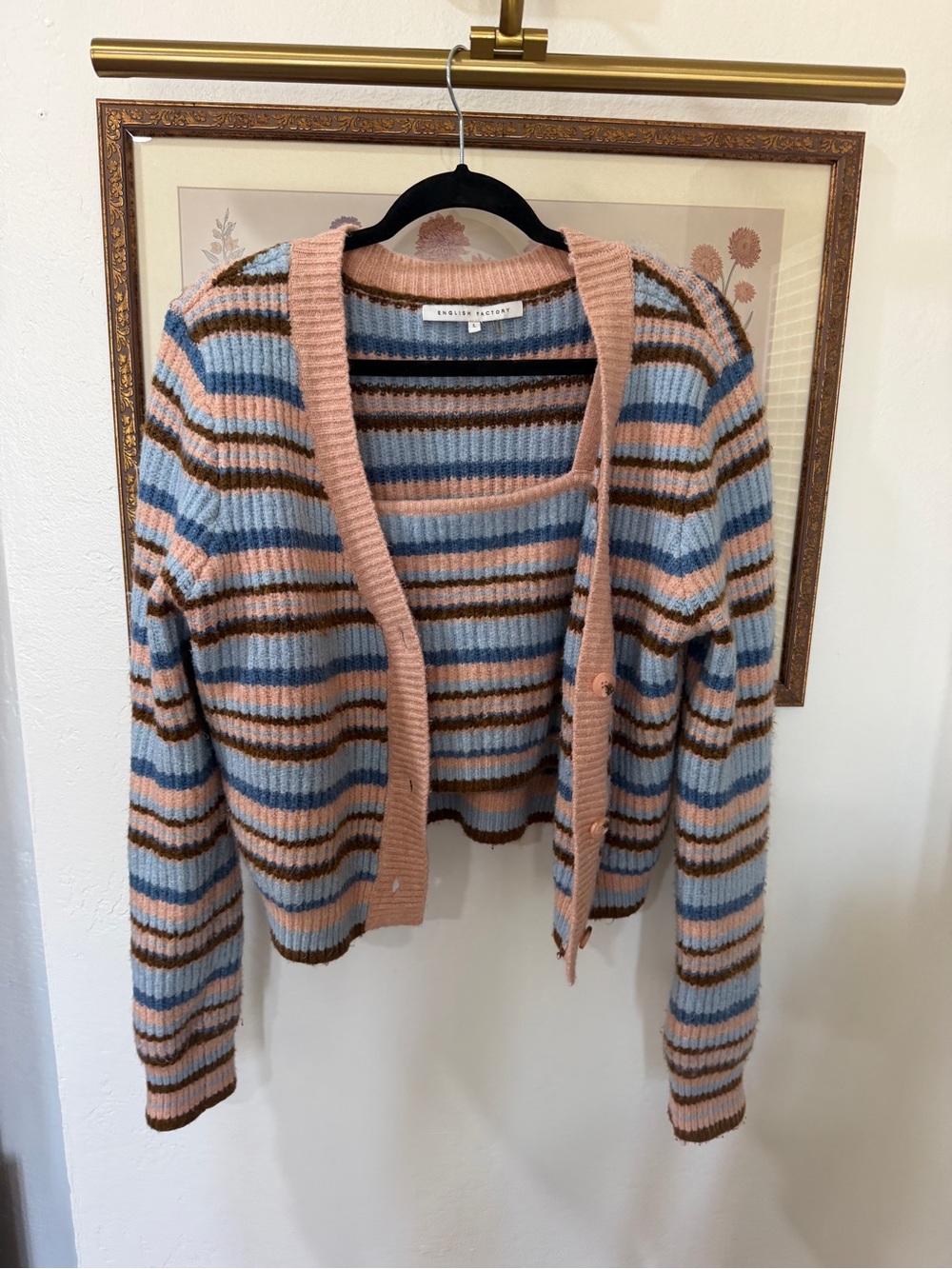 EUC English Factory Pink Blue Brown Striped Ribbed Cardigan and tank top